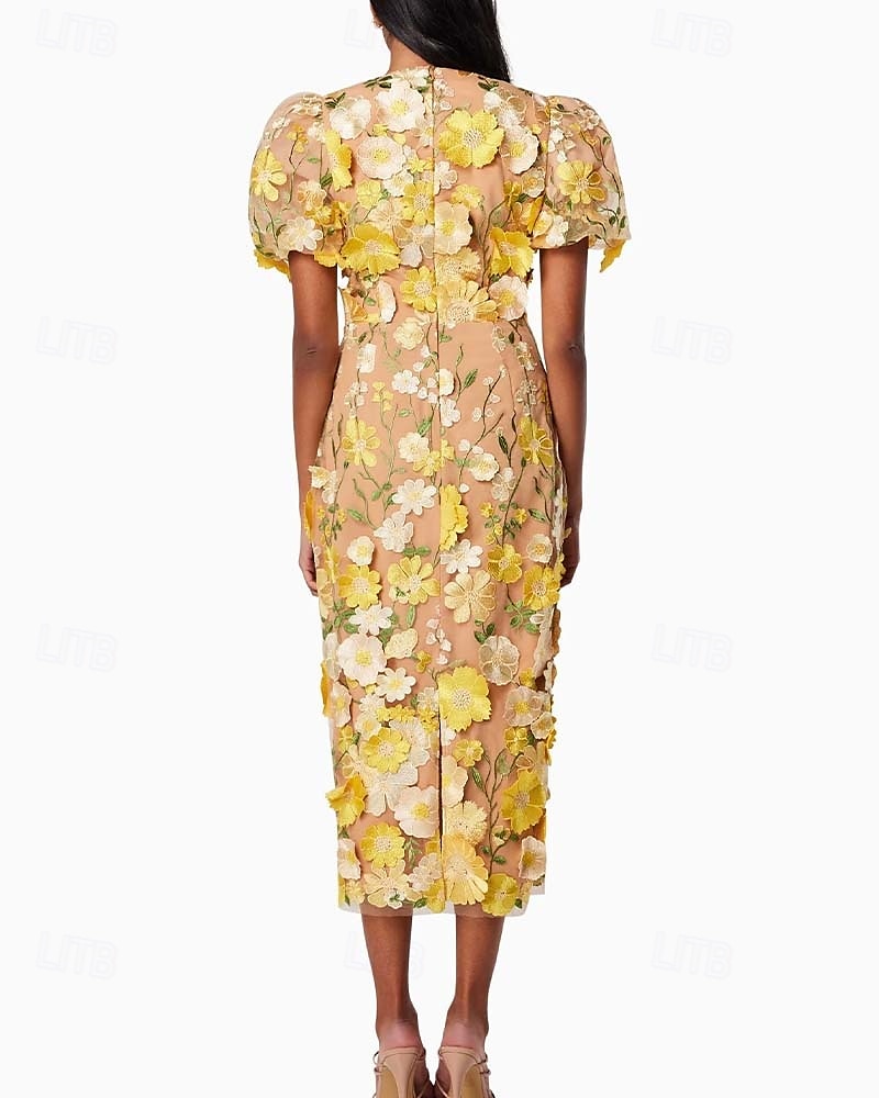 Sheath / Column Cocktail Dresses Elegant Dress Formal Evening Party Tea Length Short Bubble Sleeve V Neck Pocket Tulle with 3D Flowers Derby Dresses 2025 2025 - $183.99 –P4