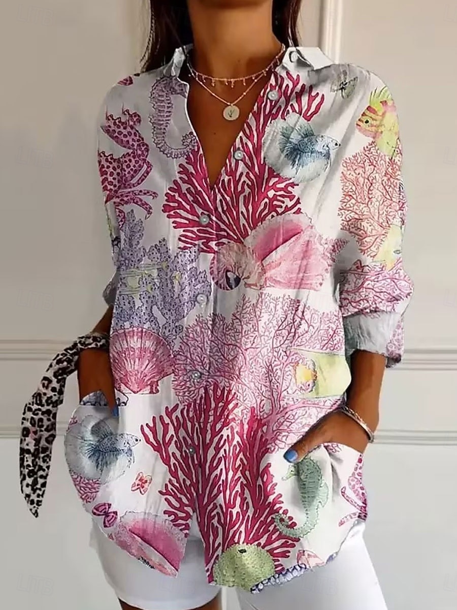 Pentru femei Cămașă Floral Casual Manșon Lung Guler Cămașă Topuri obișnuite Muncă Zilnic Nasturi Imprimeu Alb Galben Roz Îmbujorat Roșu-aprins Albastru piscină Primăvară Toamnă Iarnă 2025 - $31.99 -P5