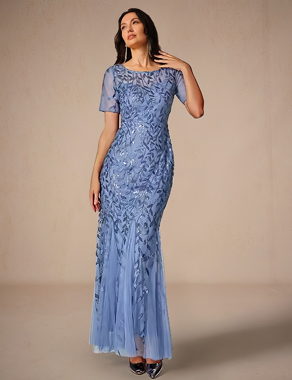 Mermaid / Trumpet Wedding Guest Dresses Elegant Dress Wedding Guest Birthday Floor Length Short Sleeve Crew Neck Tulle with Sequin Embroidery 2025 - $109.99 –P1