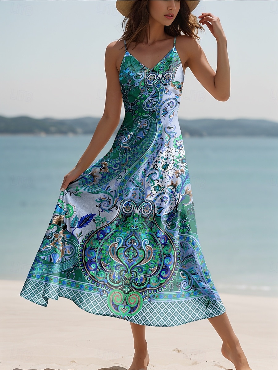 Pentru femei Rochie Maxi Rochie casual Rochie A line Vacanță Epocă Έθνικ Zilnic Fit regulat Grafic Epocă Boem Fără manșon În V Roz Îmbujorat Albastru piscină Mov Trifoi Vară Primăvară Toamnă 2025 - $28.99 –P5