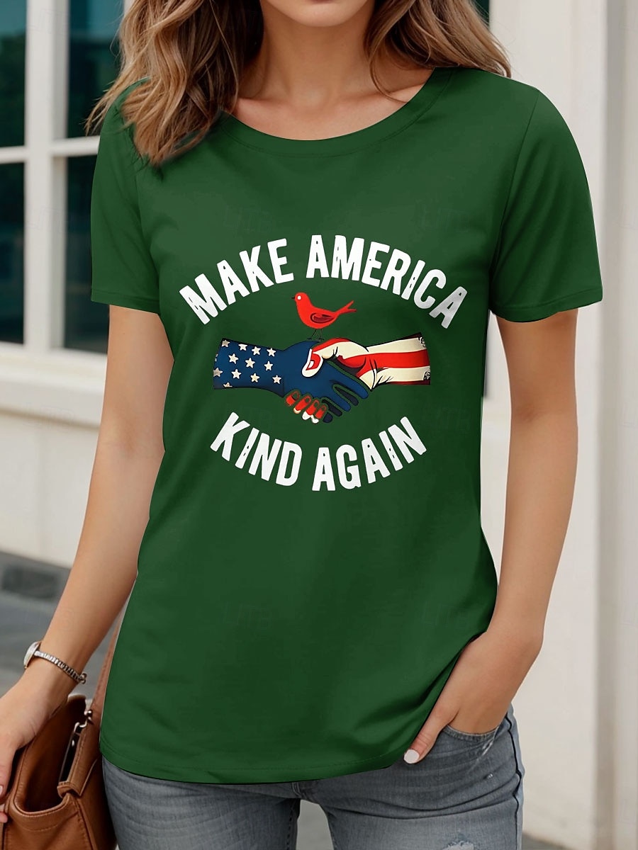 T-shirt patriotique pour femme graphique drapeau lettre décontracté à manches courtes col rond haut régulier impression quotidienne noir blanc bleu marine vert été de 2025 ? $19.99 –P1