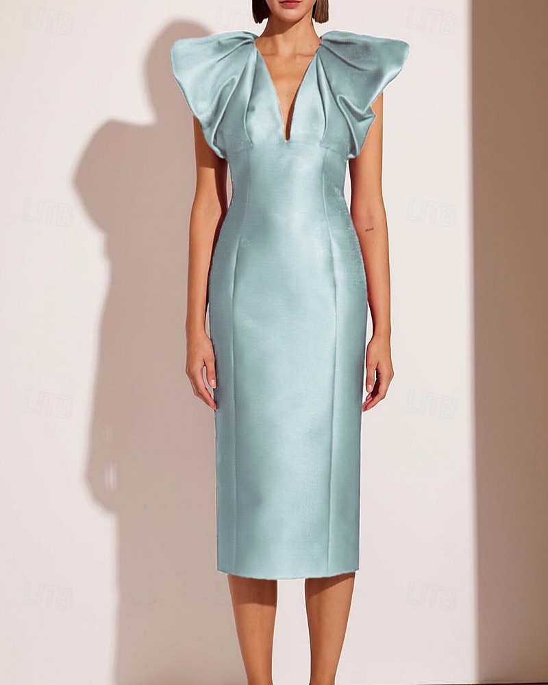 Sukienki koktajlowe typu sheath/kolumna elegancka formalna sukienka ślubna tea długości midi krótki rękaw dekolt w kształcie litery V różowa sukienka satynowa z fałdami 2025 - $144.99 –P6