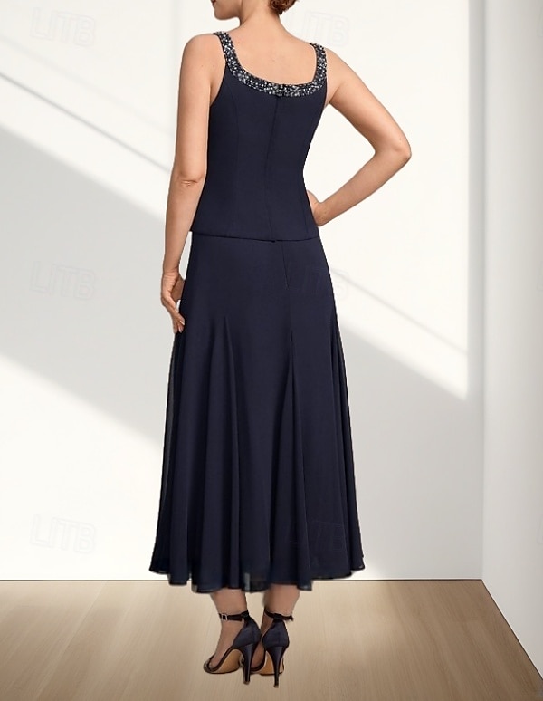 Two Piece A-Line Mother of the Bride Dress Wedding Guest Elegant Crew Neck Tea Length Chiffon 3/4 Length Sleeve with Beading Midi Dress 2025 - $157.99 –P4