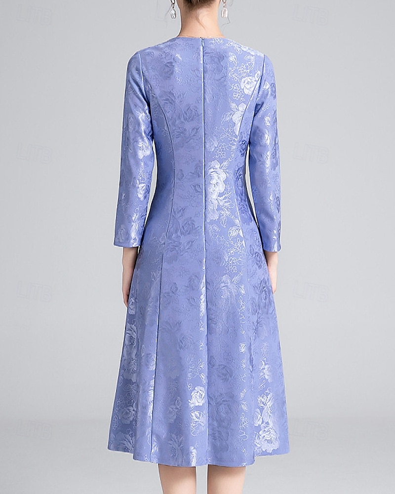 A-Line Dress Mother of the Bride Beaded Dress Elegant Vintage Simple V Neck Tea Length Jacquard Long Sleeve with Flower Wedding Guest Dress 2025 - $136.99 –P4