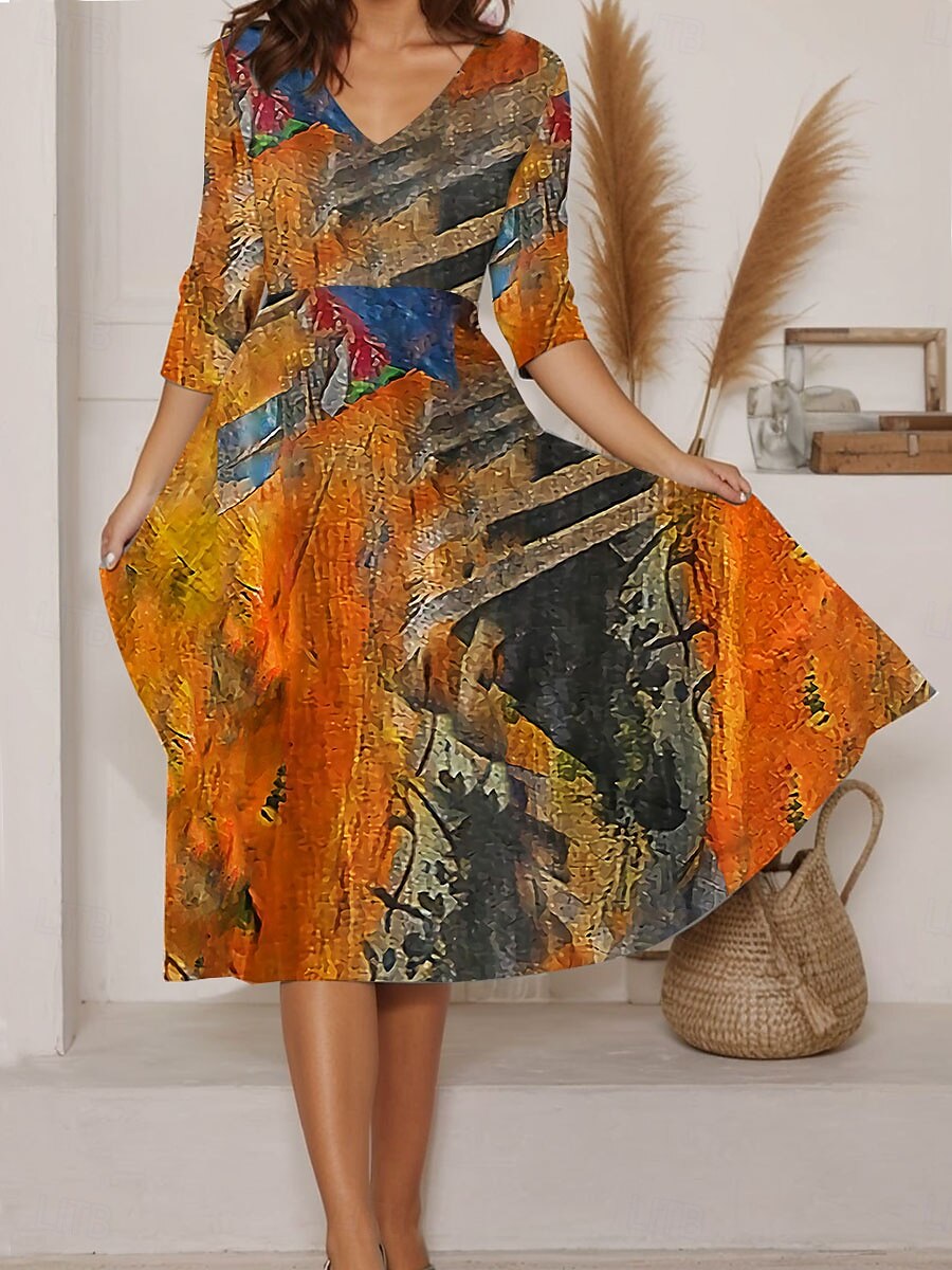 Frauen Maxi Kleid A-Linie Kleid Sommer Kleid Urlaub Lässig Alltag Reguläre Passform Grafik Abstrakt Lange Ärmel V-Ausschnitt Blau Lila Orange Sommer 2025 - $36.99 –P1