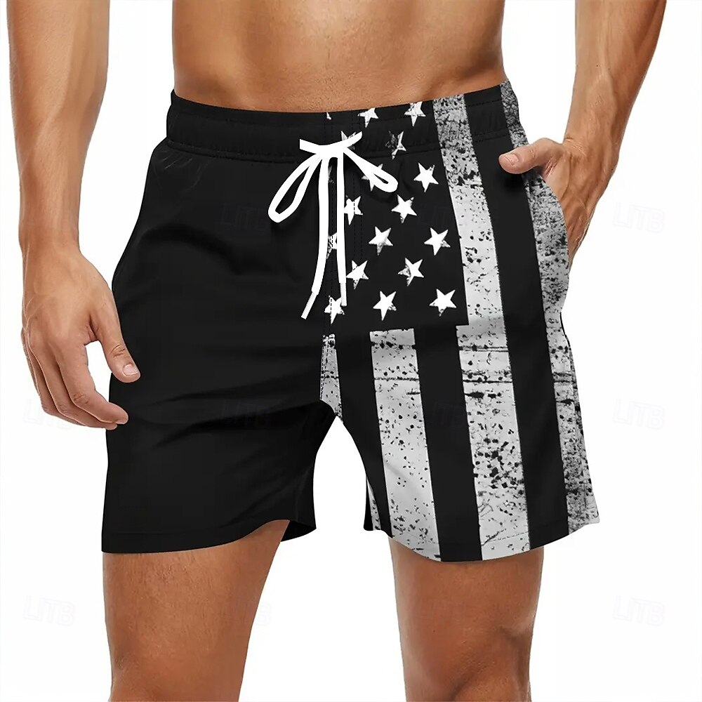 Men's American US Flag Patriotic Swim Trunks Swim Shorts Board Shorts Mid Waist Hawaiian Beach Wear Vacation Drawstring Mesh Lining Elastic Waist Designer Clothing Apparel 2025 - GBP £16 –P2