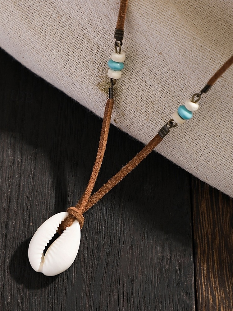 Collar bohemio de concha de cauri para hombre: colgante de cordón de cuero hecho a mano con cuentas, estilo surfista de playa, gargantilla tribal ajustable para verano, viajes y ropa informal 2025 - $7.99 –P5