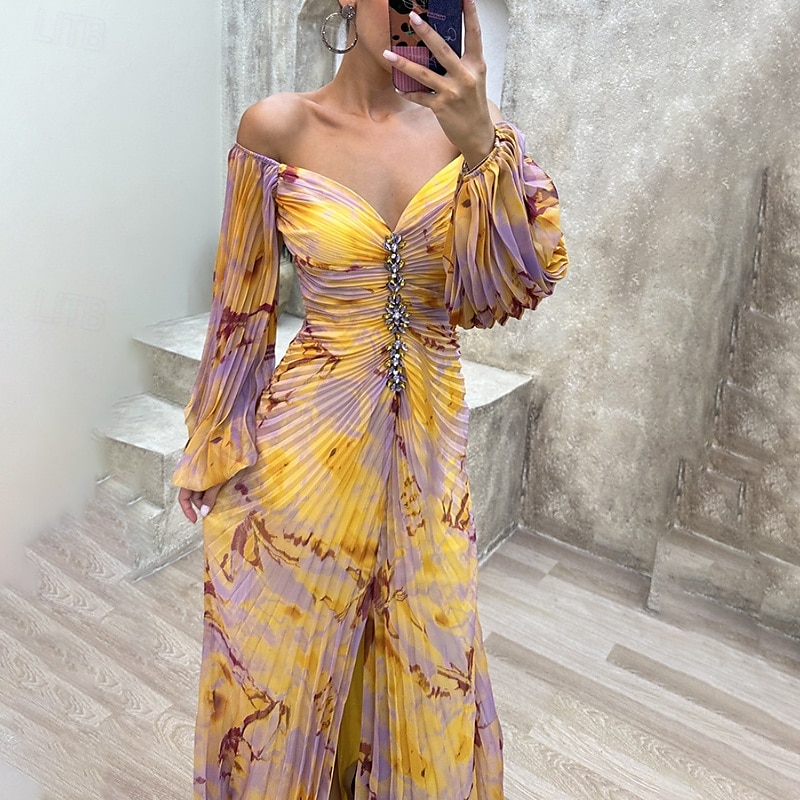 Femme robe longue robe soirée Robe froncée Mode Soirée Standard Fleur manche longue Col V Jaune Vin Bleu Vert Eté de 2025 ? $30.99 –P6