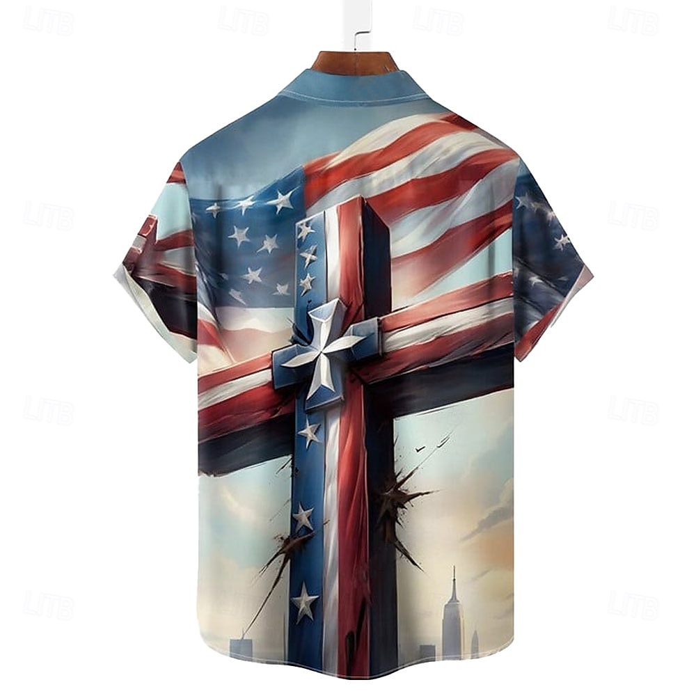 Ostern Herren Templer Kreuz Amerikanische US-Flagge Hemd Freizeithemd Knopfhemd Kurzarm Vintage-Retro Urlaub Ferien Festival Sommer Frühling Umlegekragen 3D-Druck Hemden mit Kragen Eine Tasche vorne 2025 - $23.99 –P2