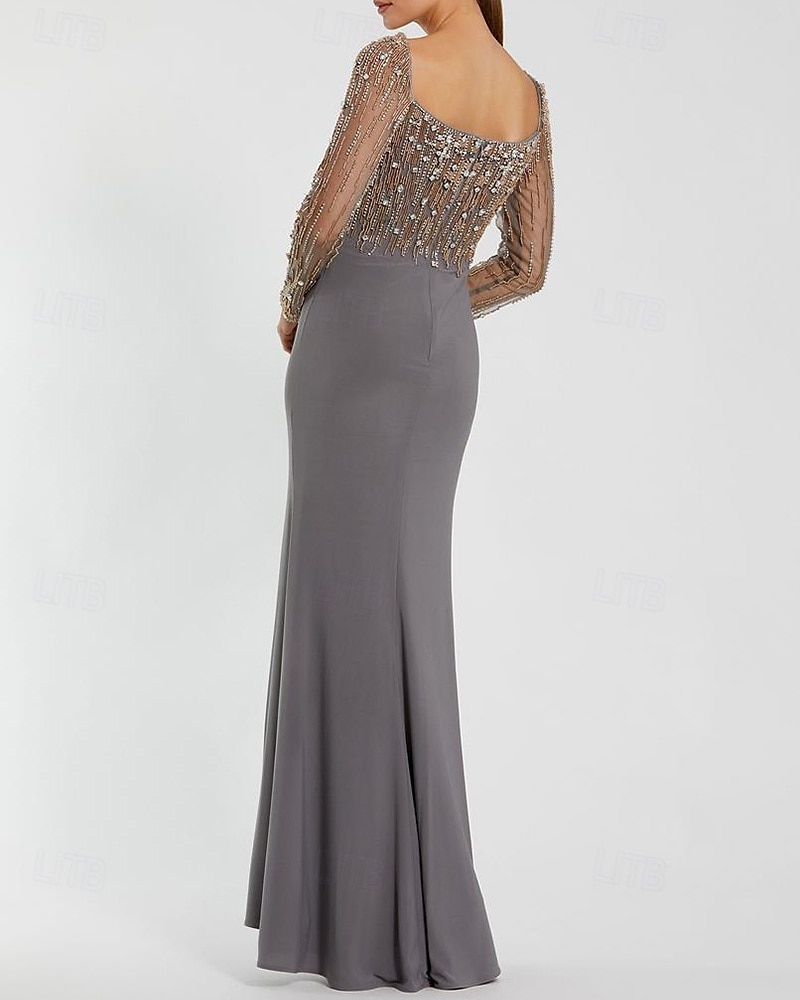 Meerjungfrau/Trompete Abendkleid elegantes Kleid formelle Abendparty bodenlang Langarm quadratischer Ausschnitt Stretch-Crêpe mit Perlenkristallen 2025 2025 - $196.99 –P5