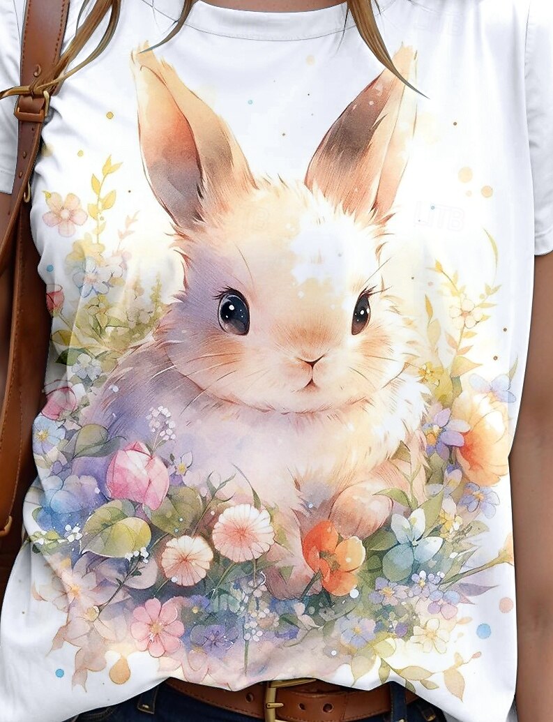 Paște Pentru femei Tricou Grafic Animal Stilat Casual Manșon scurt Rotund Topuri obișnuite Zilnic Sfârșit de săptămână Imprimeu Alb Vară Primăvară 2025 - $19.99 –P3