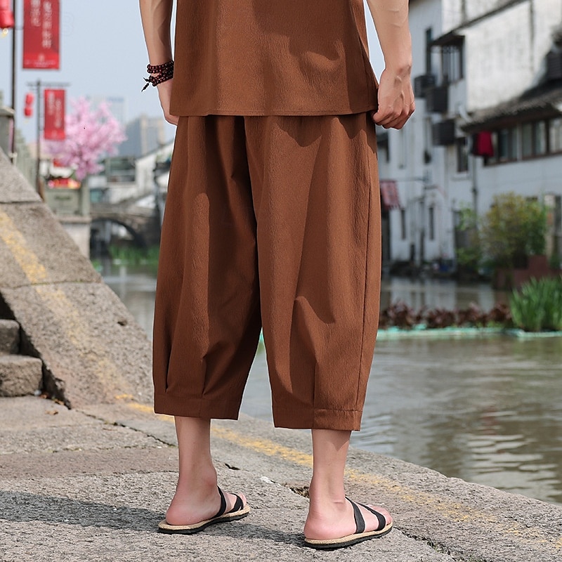 Men's Capri Pants Shorts Linen Shorts Summer Shorts Beach Shorts Drawstring Elastic Waist Baggy Plain Comfort Breathable Calf-Length Outdoor Casual Daily Fashion Retro Vintage Black White 2025 - $24.99 –P3