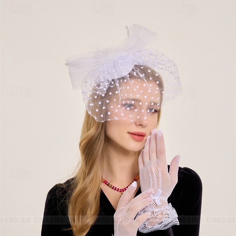 2025年 ヘッドピース チュール 羽毛 結婚式 パーティー エレガント 結婚式 と 水玉 かぶと 帽子  コレクション – $14.49 –P1