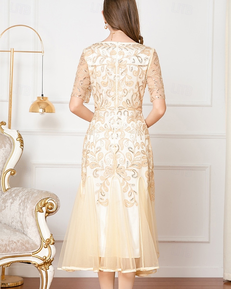 A-Line Beaded Dress Mother of the Bride Elegant Vintage Party V Neck Floor Length Lace Beaded Sequin Lace Short Sleeve with Flare 2025 - $141.99 –P3