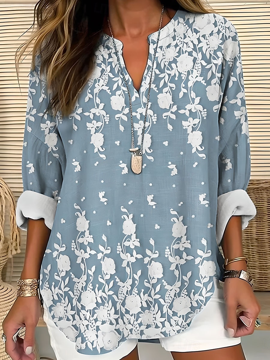 Women's Shirt 3D Print Floral Graphic Vintage Tropical Hawaiian Long Sleeve V Neck Regular Tops Daily Holiday Beach Wear Print White Yellow Pink Blue Khaki Summer Spring 2025 - $24.99 –P1