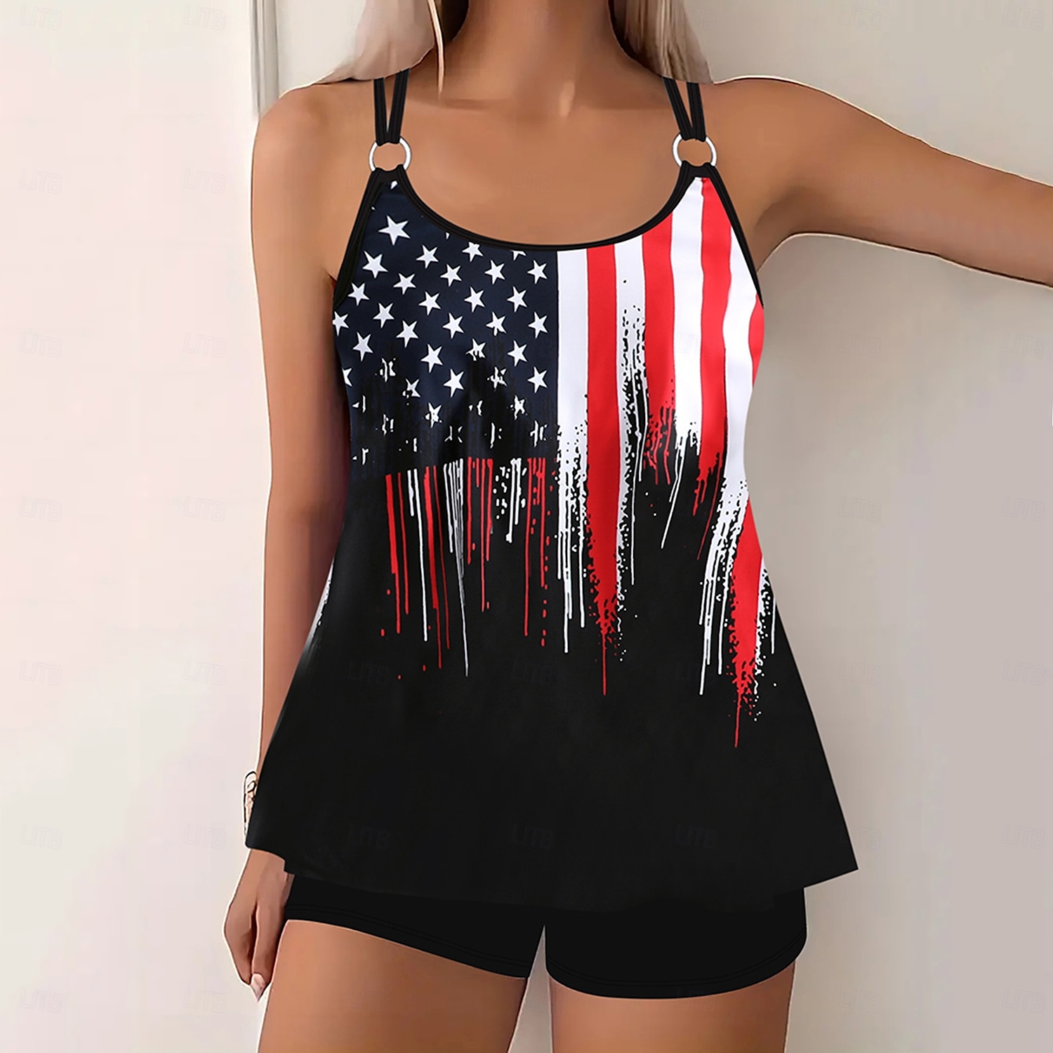 Dam Plusstorlekar Badkläder Tankini 2 st Längre baddräkt Pojkeben Baddräkt Öppen rygg Stickat Hög midja Stylish Sportig Flagga Randig Doppa Ärmlös Baddräkter 2025 - $24.99 –P4