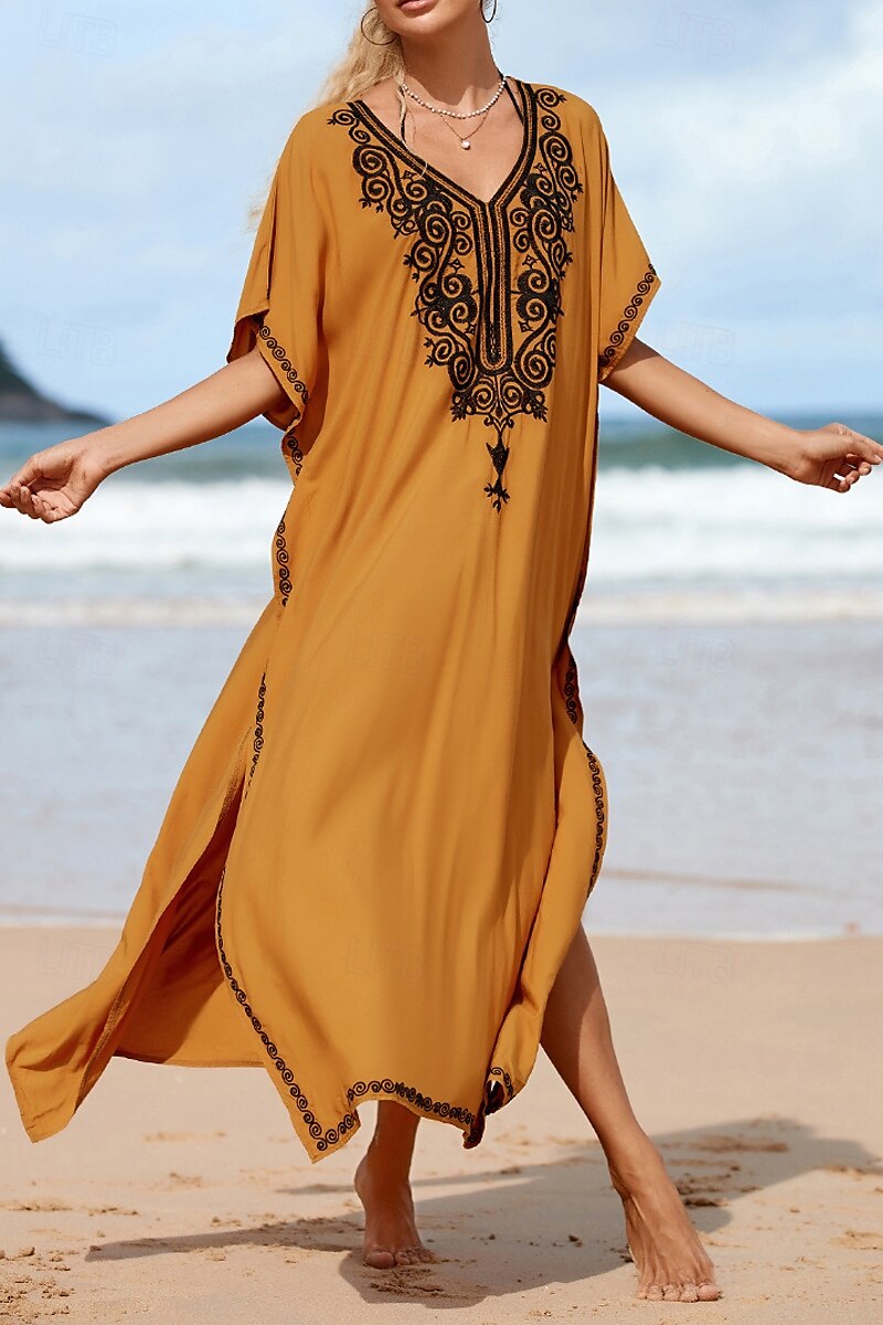 Women's Midi Dress Casual Dress Boho Dress Print Dress Fashion Modern Going out Beach Weekend Regular Fit Flower Short Sleeve V Neck Yellow Summer 2025 - $25.99 –P6