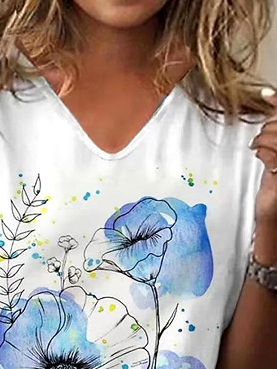 Damen T Shirt Blumen Grafik Bohemien Mode Strand Langarm V Ausschnitt Normale Oberteile Täglich Sport Ausgehen Druck Leicht Blau Sommer Frühling 2025 - $19.99 –P2