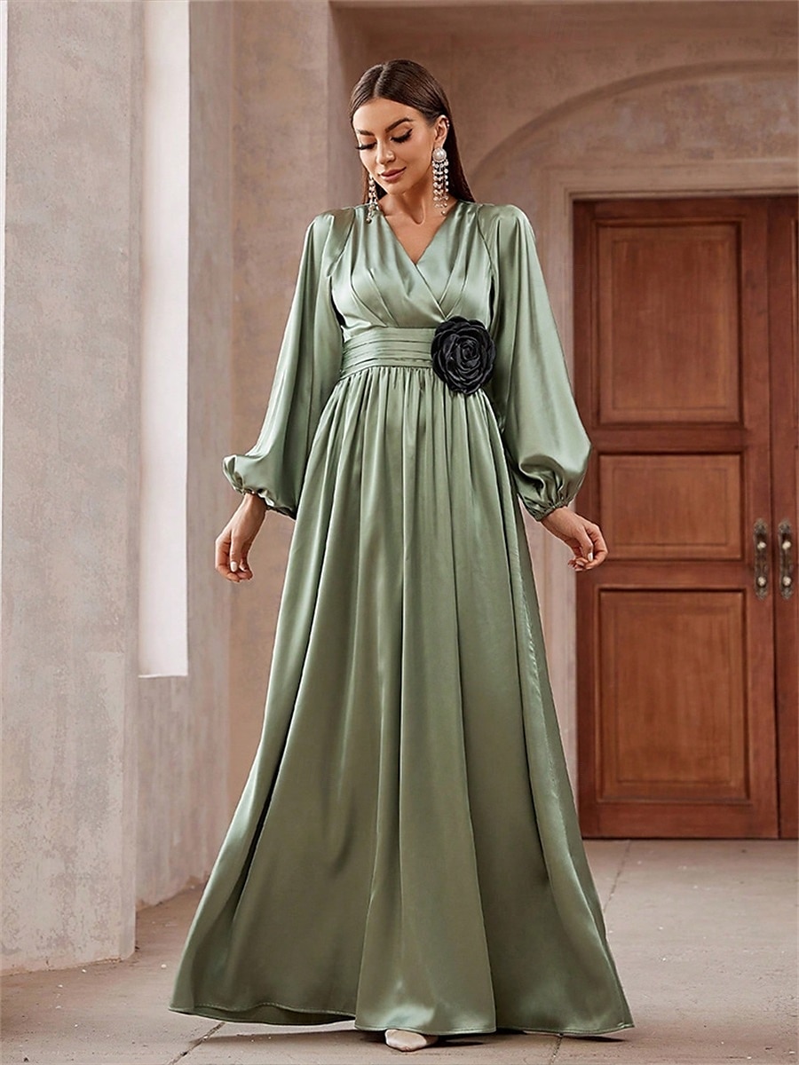 A-Linjet Quinceanera Klänningar Elegant Klänning Bröllop Bröllopsgäst Golvlängd Lång Ärmar V-Hals Polyester Med Fållar 2025 - $89.99 –P4