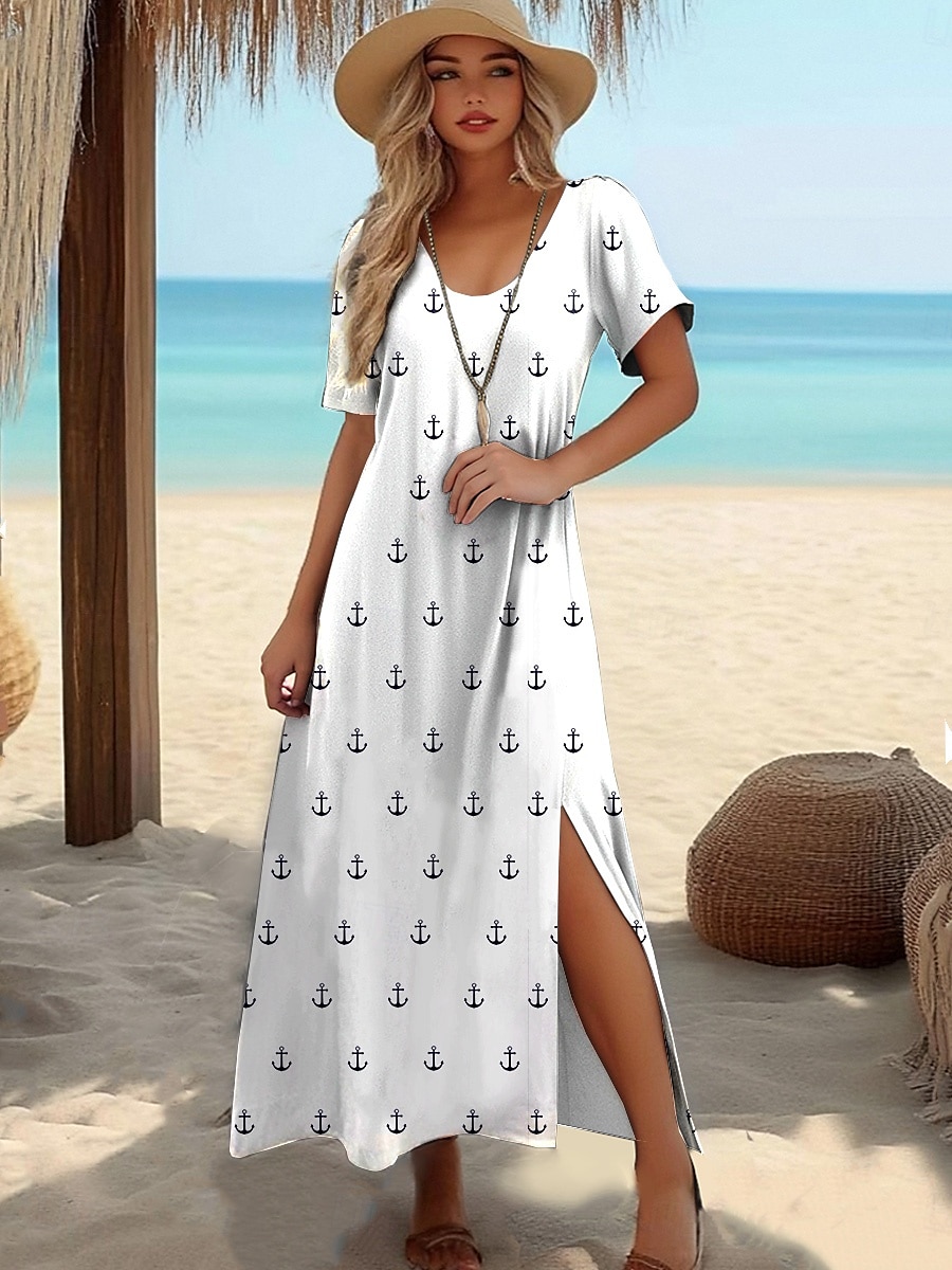 Dámské maxi šaty tričkové šaty tee šaty sluneční šaty shift šaty letní šaty dovolená tropické stylové dovolená párty prázdniny regular fit geometrické pruhy krátký rukáv kulatý výstřih bílé temné 2025 - $23.99 –P3