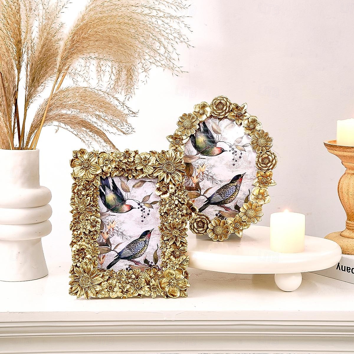 cadre photo décoratif floral 3D doré, cadre ovale de 5,7 pouces &Cadre rectangulaire 4x6 pouces, cadre photo de table en résine, affichage horizontal et vertical pour la décoration intérieure et les de 2025 ? $12.59 –P1