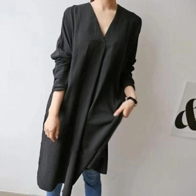 Femmes Robe Midi Robes inspirées du lin Robe en coton et lin Mode Basique Moderne Quotidien Fête Sortir Coupe régulière Uni manche longue Col en V Noir Blanche Été de 2025 ? $26.99 –P4