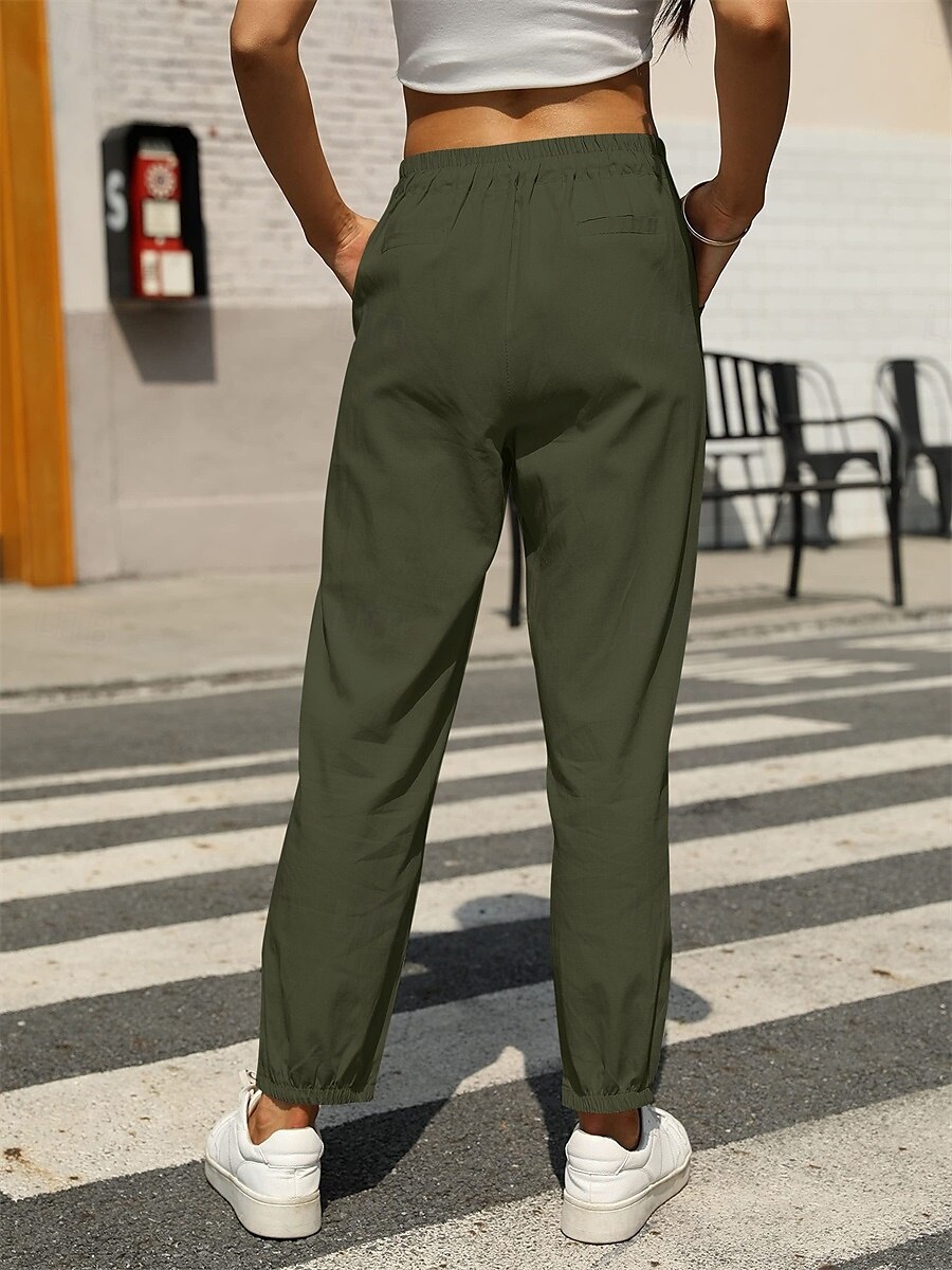 Women's Baggy Pants Chinos Fashion Streetwear Full Length Medium Waist Plain Pocket Drawstring Comfy Soft Comfortable Linen Like Micro-elastic Outdoor Street Black White Army Green Khaki Summer 2025 - $25.99 –P5