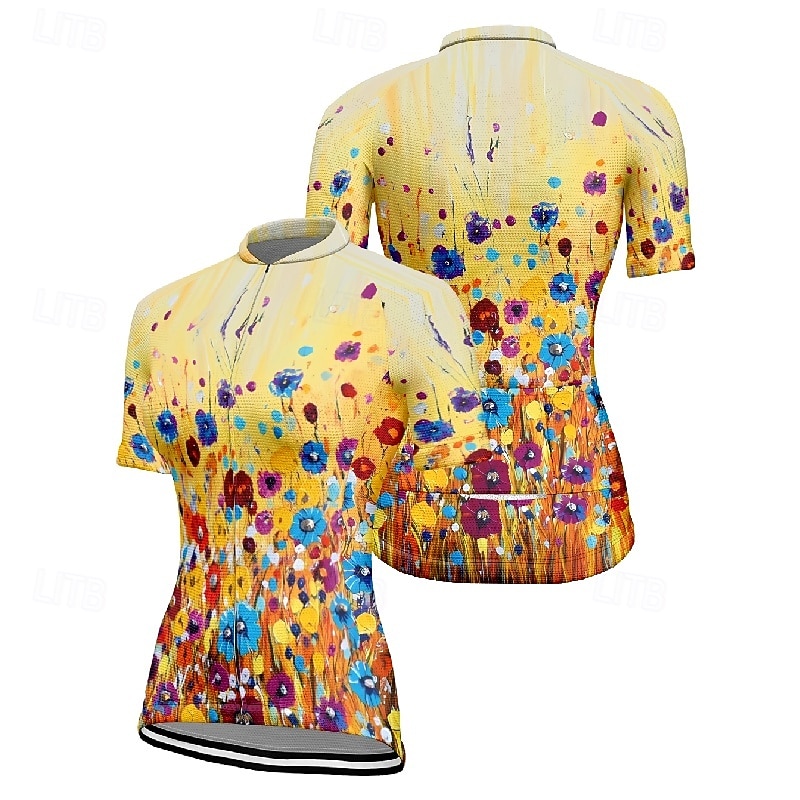 Dame Sykkeltrøyer Blomsternål i krystall Kortermet Sykkel T-skjorte Jersey med 3 baklommer Fjellsykling Hurtigtørkende Anatomisk design Vidje Pustende sport Gul Blå Oransje Klær 2026 - $23.99 –P6