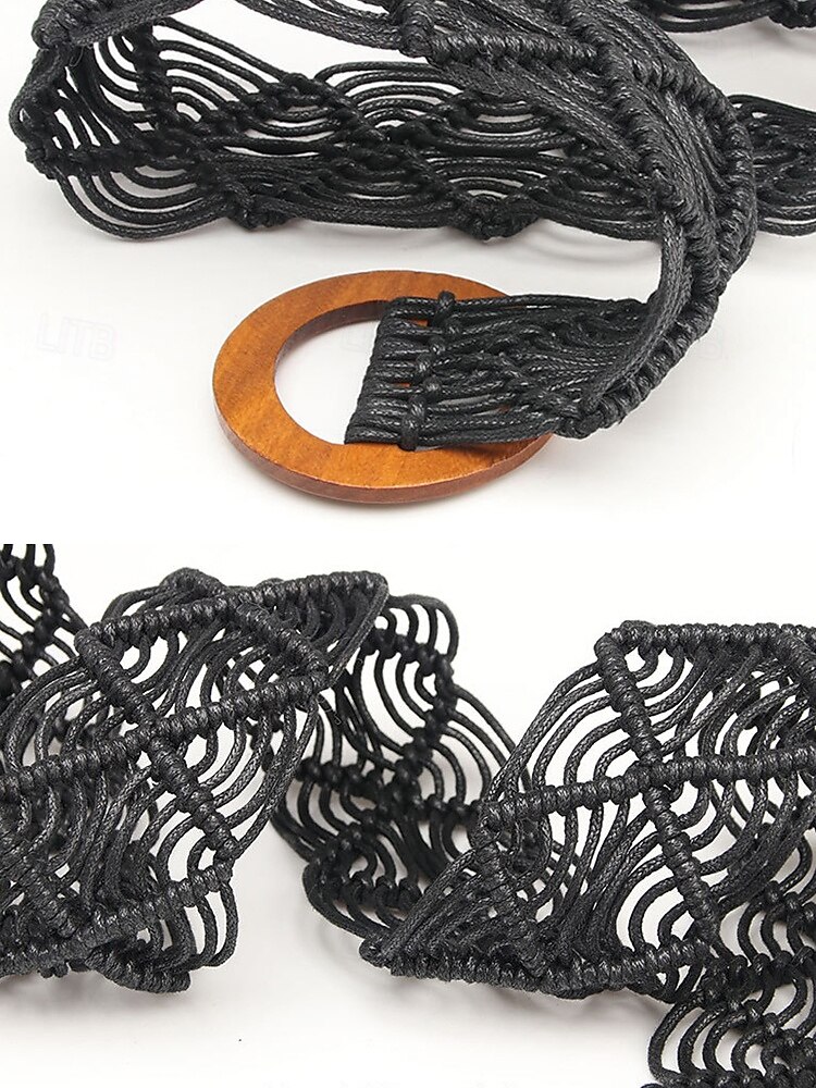 tkaný opasek boho macrame pro ženy – ručně vyrobený široký bederní pás s dřevěnou přezkou, vintage chic styl pro šaty, ležérní outfity a letní plážové oblečení 2025 - $11.99 –P9
