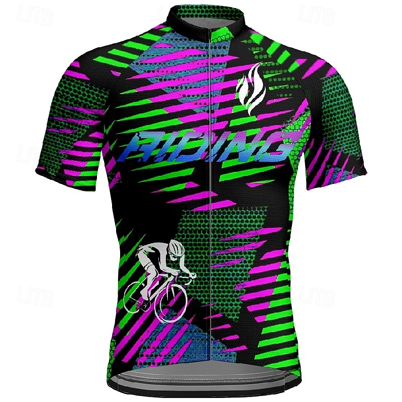2026年 男性用 サイクリングジャージー 幾何学模様 文字＆番号 半袖 バイク Tシャツ ジャージー 3つのリアポケット付き マウンテンサイクリング 速乾性 人間工学デザイン ウィッキング 高通気性 スポーツ 濃い紫色 ブルー スカイブルー 衣類  コレクション – $28.99 –P13