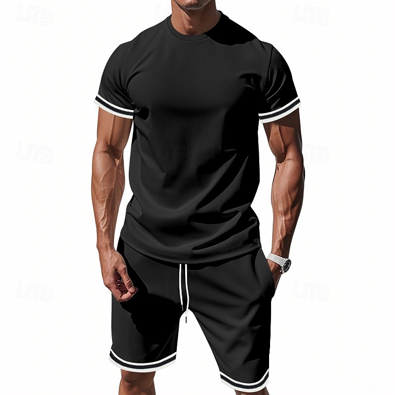 Hombre Trajes de camiseta Trajes de 2 piezas Camiseta y pantalones cortos Manga Corta Cuello Mao Verano A Rayas Moda Casual 2 Piezas Vacaciones Ropa Cotidiana Noche Negro Rojo Azul Marino Oscuro 2026 - $32.99 –P9