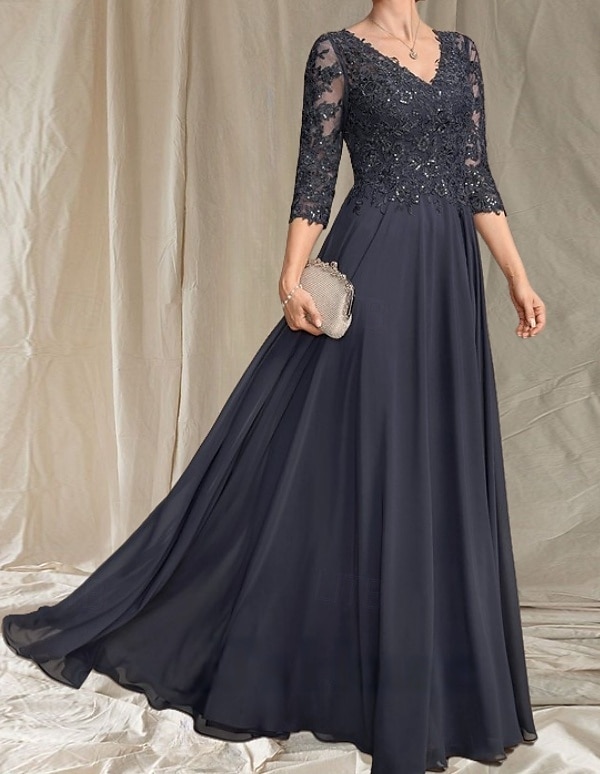 Linea ad A Abito da cerimonia per signora Ospite di nozze Elegante Scollo a V Lunghezza al pavimento Chiffon Manica 3/4 con Perline Applicazioni 2025 del 2025 a $160.99 –P3