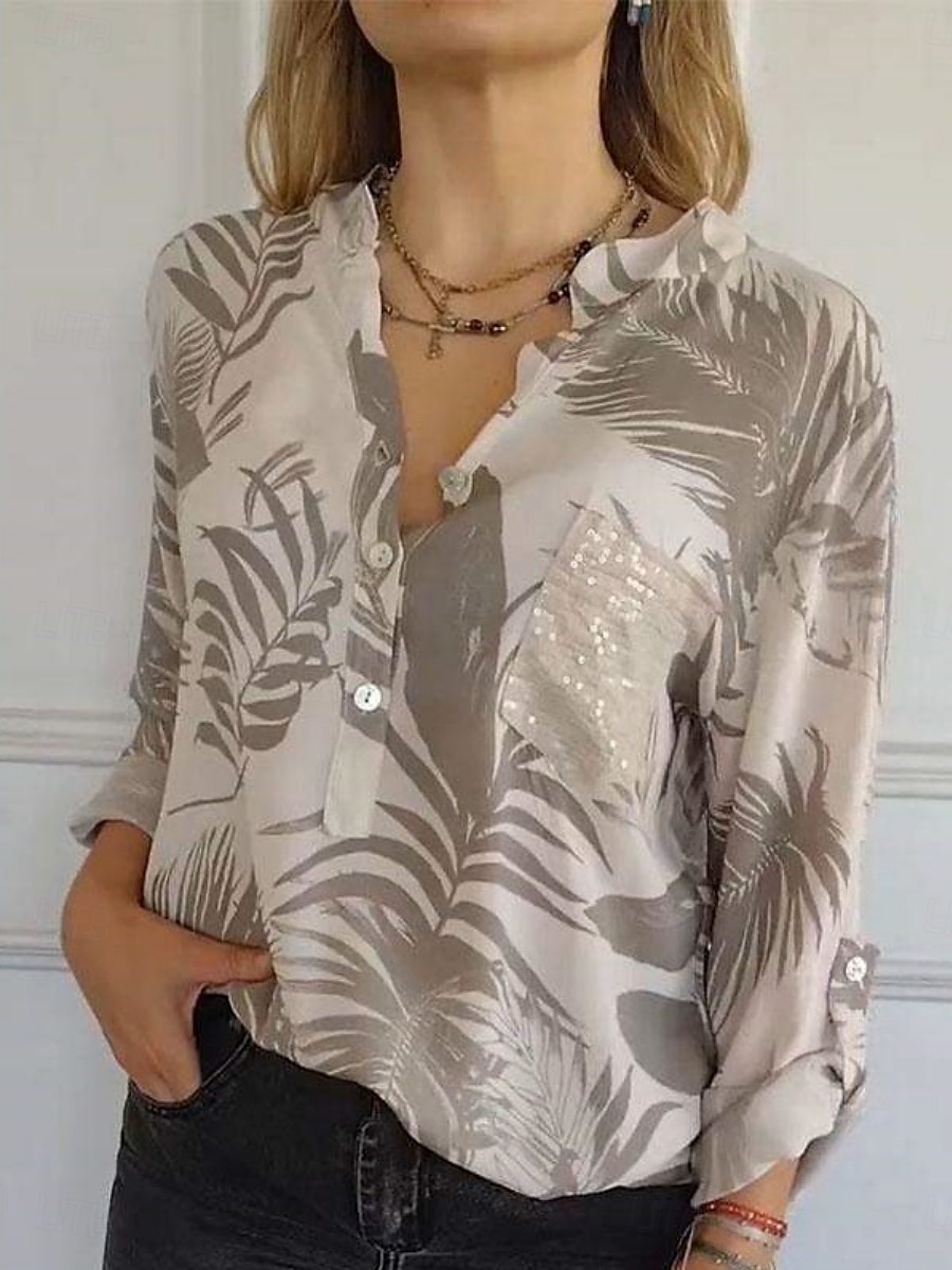 Dame Skjorte Bluse Blad Stilfull Moderne Langermet V-hals Vanlige topper Daglig Ferie Knapper Trykt mønster Hvit Brun Kakifarget Grå Sommer Vår 2025 - $19.49 –P1