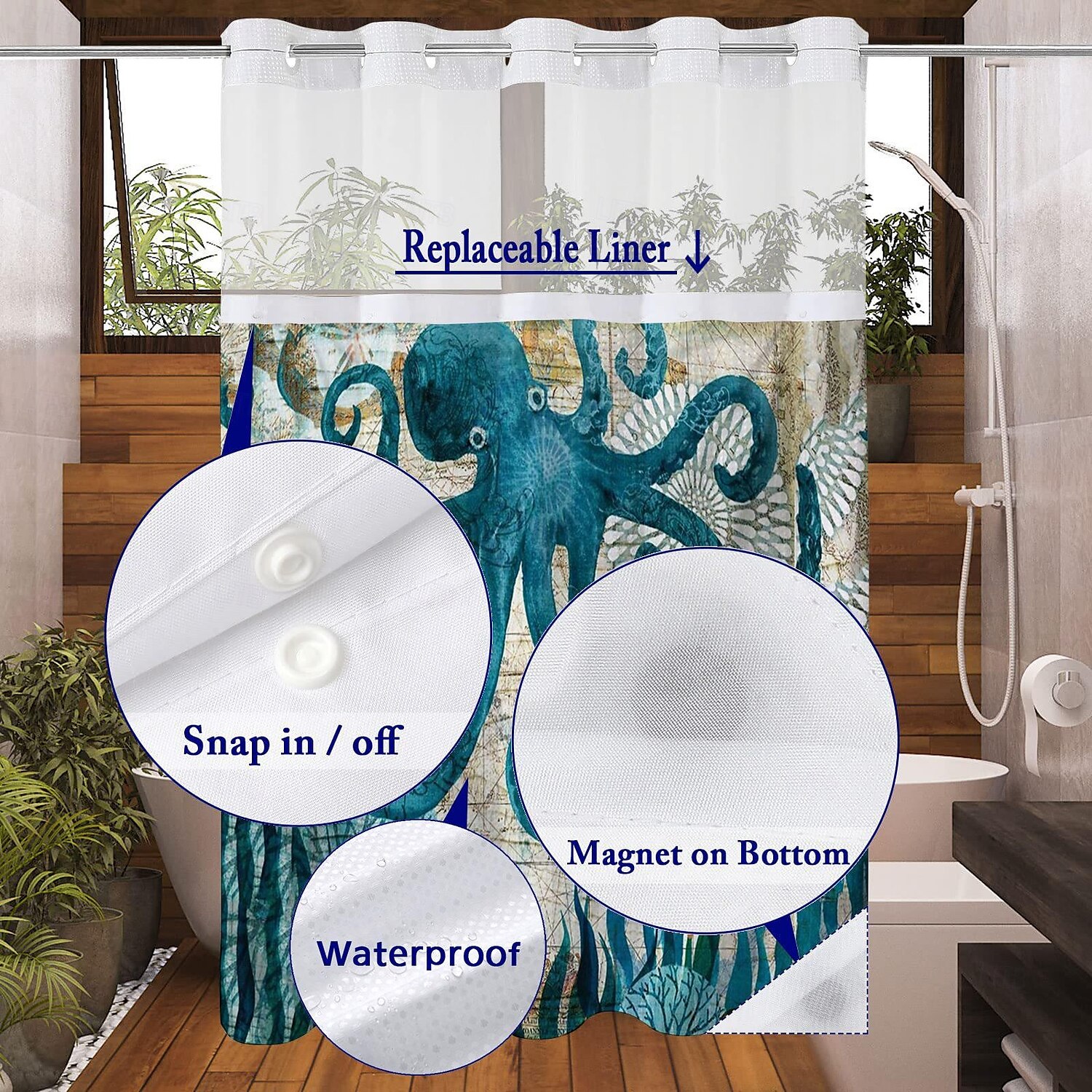 Duschvorhang-Set mit einsteckbarem Innenfutter und transparenter Fensterbahn 180cm*180cm (70"*70") wasserabweisendes Polyester ohne Haken Ösen 120 GSM doppellagige Hotel-Spa Badezimmer-Trennwand 2025 - $41.99 –P10