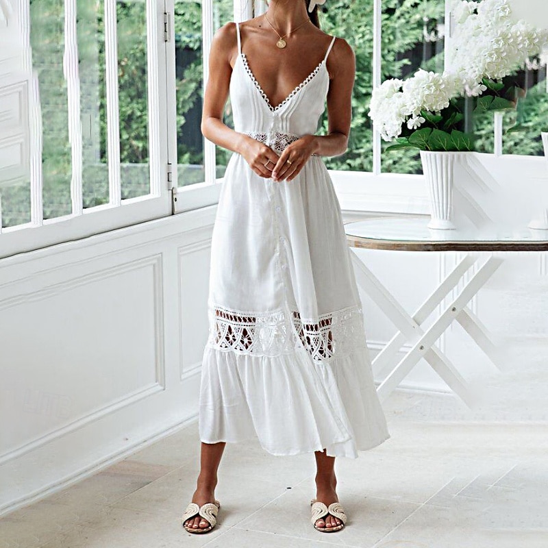 Women's Midi Dress Cotton Linen Dress Slip Dress Boho Dress Basic Classic Modern Vacation Holiday Going out Regular Fit Plain Sleeveless Spaghetti Strap White Summer 2025 - $26.99 –P2