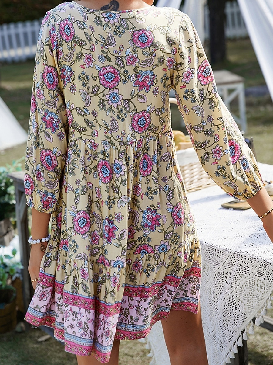 Dam Mini klänning Vardagsklänning Sommarklänning Boho-klänning Mode Utomhus Semester Dagligen Normal Blommig 3/4 ärm V-hals Gul Rodnande Rosa Blå Grön Sommar 2025 - $24.99 –P18