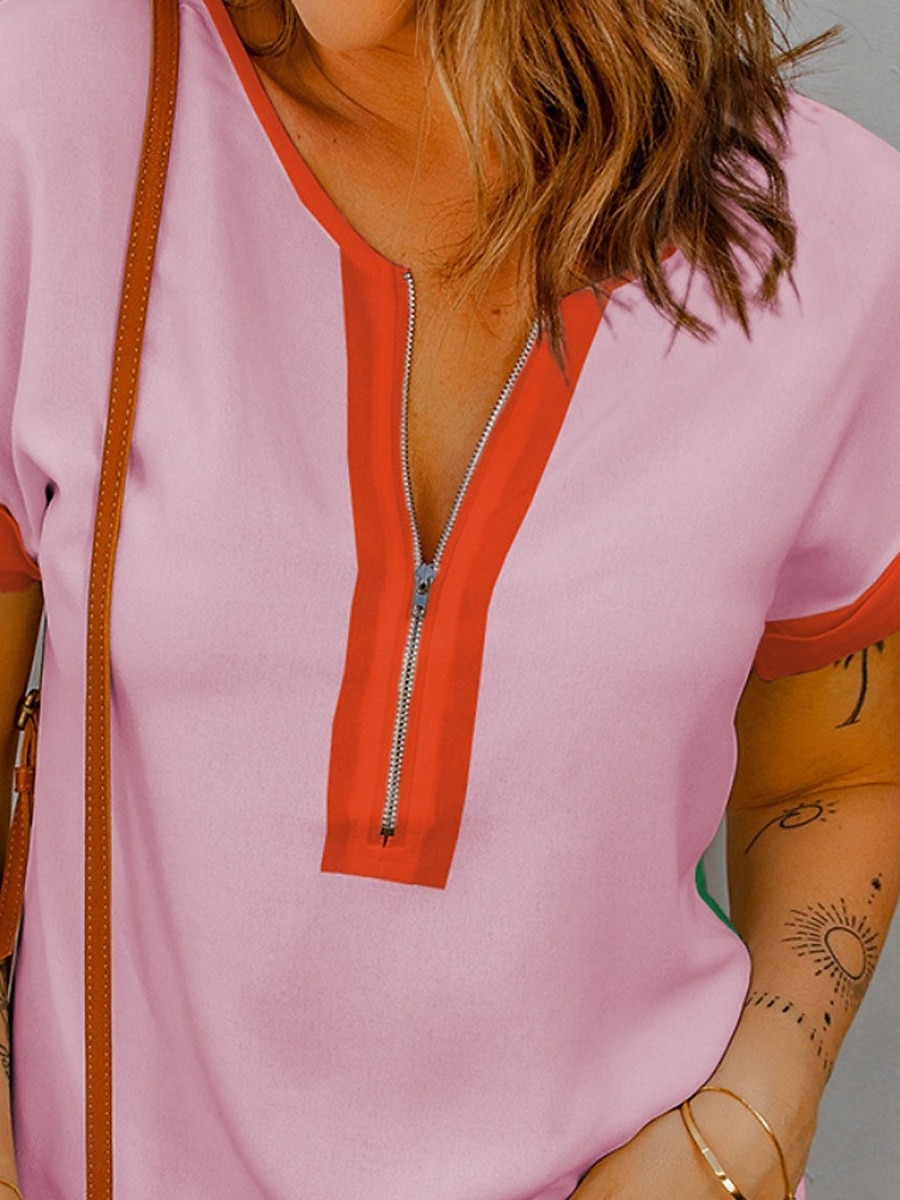 Per donna maglietta Liscio Di tendenza Moderno Informale Manica corta A V Top regolari Giornaliero Fine settimana Collage Cerniera Rosa Estate del 2025 a $23.99 –P1