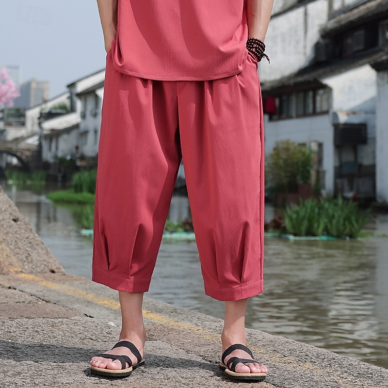 Men's Capri Pants Shorts Linen Shorts Summer Shorts Beach Shorts Drawstring Elastic Waist Baggy Plain Comfort Breathable Calf-Length Outdoor Casual Daily Fashion Retro Vintage Black White 2025 - $24.99 –P7