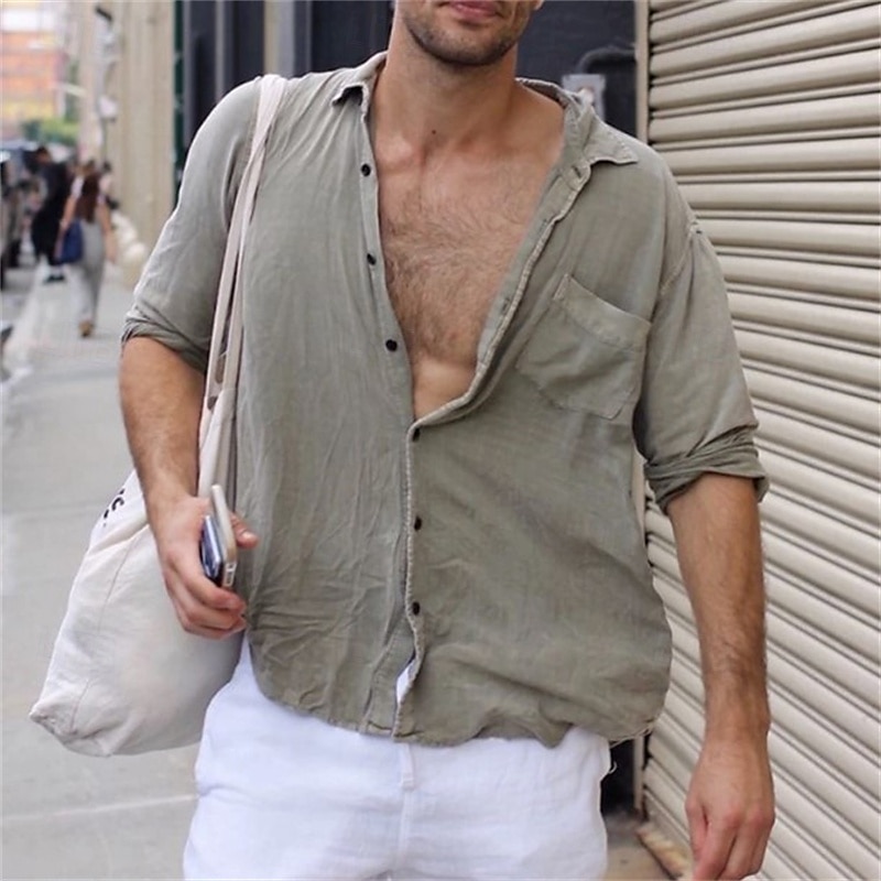 Per uomo Camicia Camicia di lino Camicia in cotone e lino Camicia casual Camicia con Bottoni Semplice Vacanza Streetwear Bianco Verde Grigio Manica Lunga Bavero Estate Abbigliamento Tasca del 2025 a $21.99 –P1