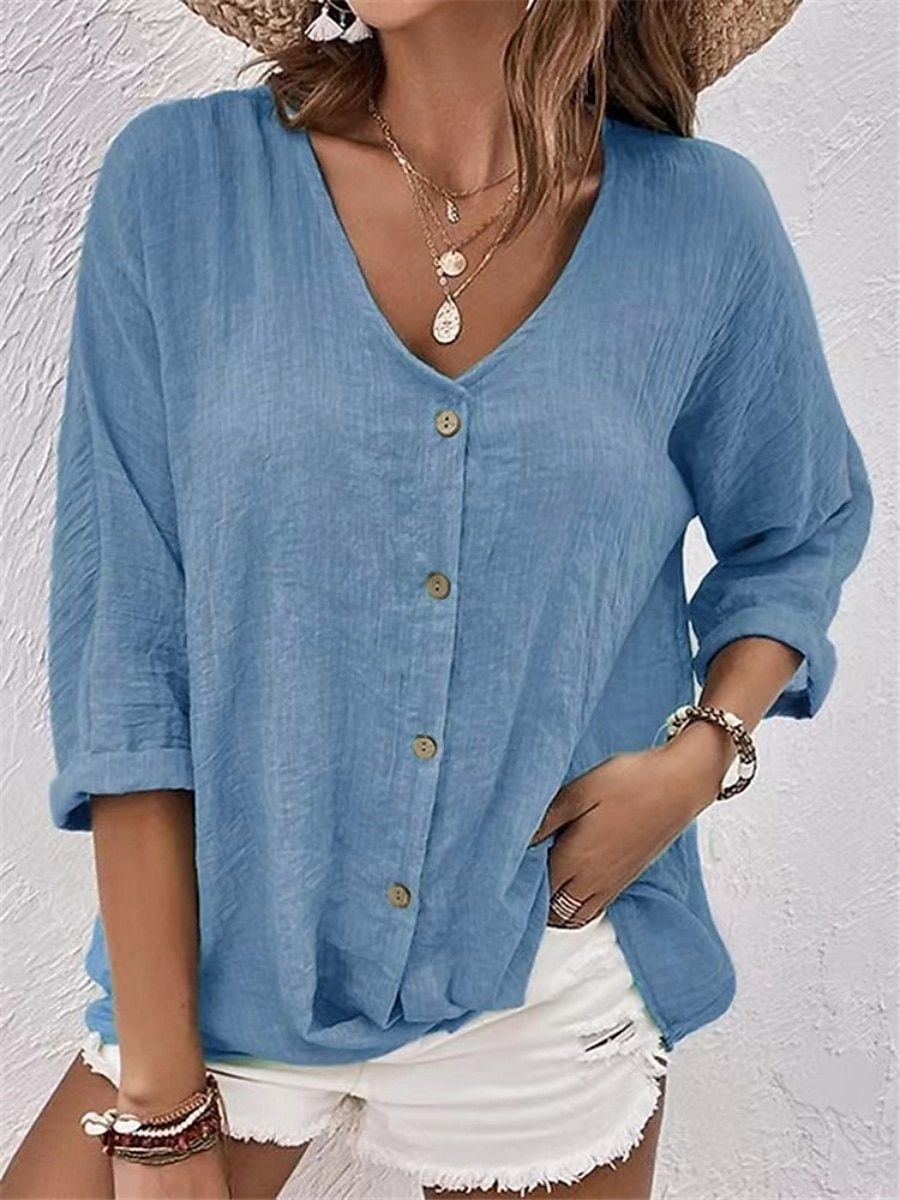 Damen Hemd Baumwoll-Leinen-Hemden Knopfleiste Bluse Einfach Basic Modern Langarm V Ausschnitt Normale Oberteile Täglich Ferien Knöpfe Rosa Blau Purpur Grün Khaki Sommer 2025 - $13.99 –P4