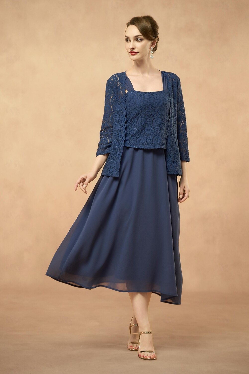 abito da sposa a trapezio in 3 pezzi per la madre della sposa, elegante, scollo quadrato, lunghezza al pavimento, pizzo floreale, manica a 3/4, tinta unita 2025 del 2025 a $69.99 -P3