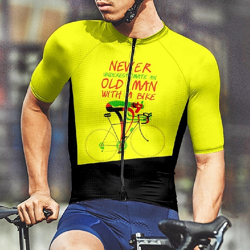 2025年 男性用 サイクリングジャージー 文字&番号 半袖 バイク Tシャツ ジャージー 3つのリアポケット付き マウンテンサイクリング 速乾性 人間工学デザイン ウィッキング 高通気性 スポーツ イエロー ブルー パープル 衣類  コレクション – $25.99 –P7