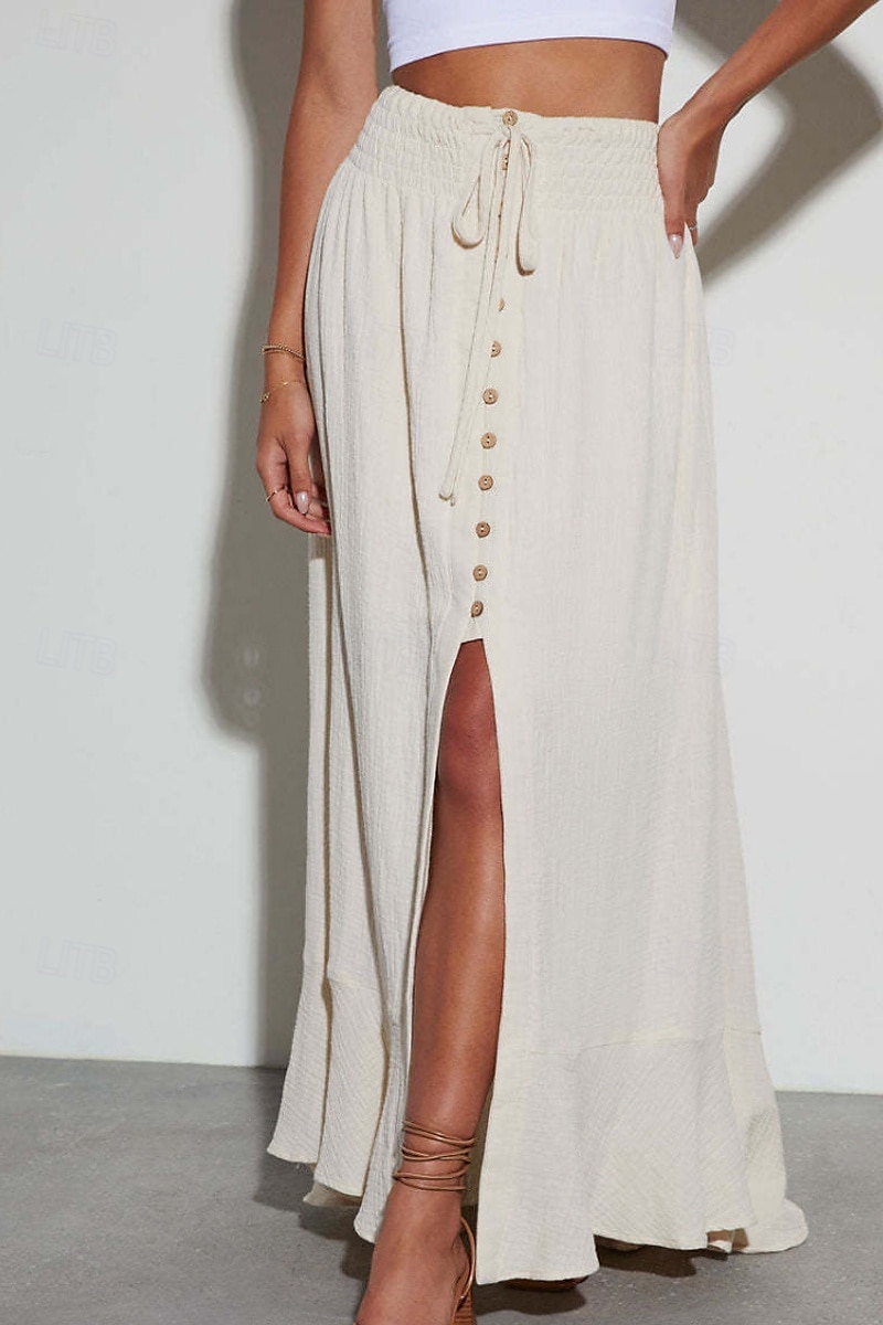 Jupes femme inspirées du lin, mode, maxi, taille mi-haute, uni, ourlet asymétrique, extrémités fourchues, micro-élastique, vacances, rue, noir, blanc, été, coton de 2025 ? $26.99 –P1