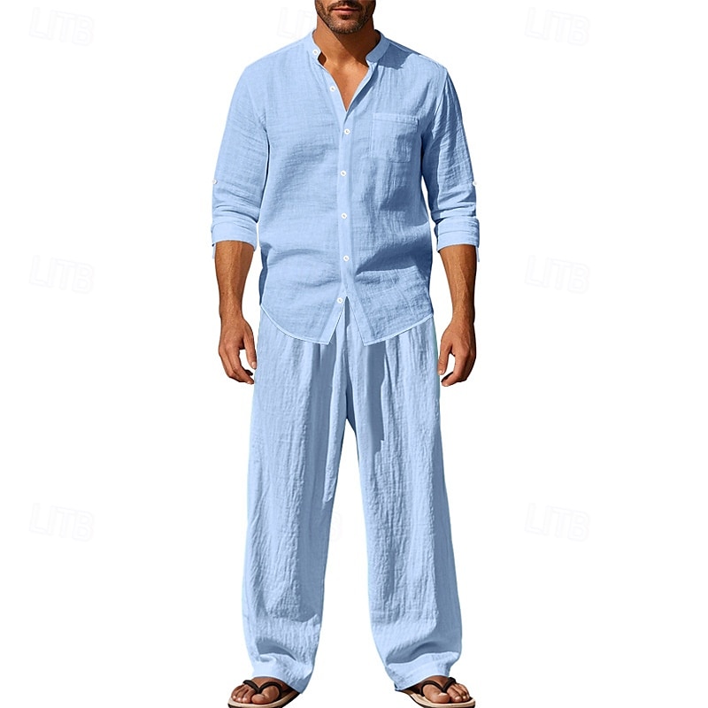 Men's T-shirt Suits Shirt and Pant Sets 2 Pieces Outfits Long Sleeve Stand Collar Summer Spring Plain Fashion Casual 2 Piece Vacation Daily Wear Going out Black White Blue Top Tee for Men 2025 - $48.99 –P19