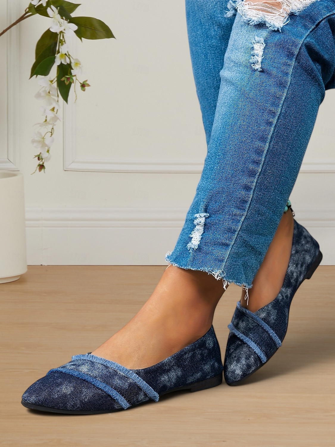 pantofi de damă din denim cu vârf ascuțit - pantofi slip-on cu franjuri uzați pentru ținute casual 2025 - $19.99 –P5
