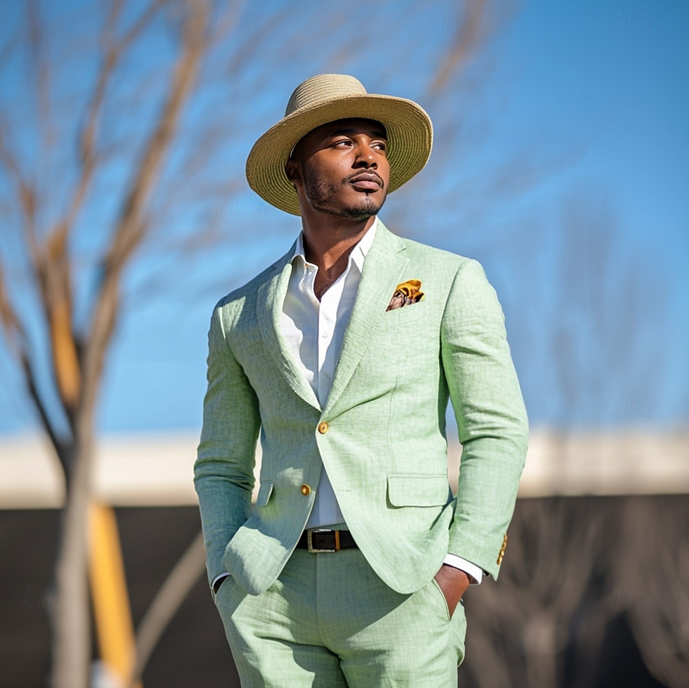 Pour des hommes Mariage Soirée Costumes en lin Bleu Ciel Vert Sauge Mode Occasionnel Couleur Unie Coupe Standard 2 pièces Simple Boutonnage Deux Boutons de 2025 ? $116.99 –P2