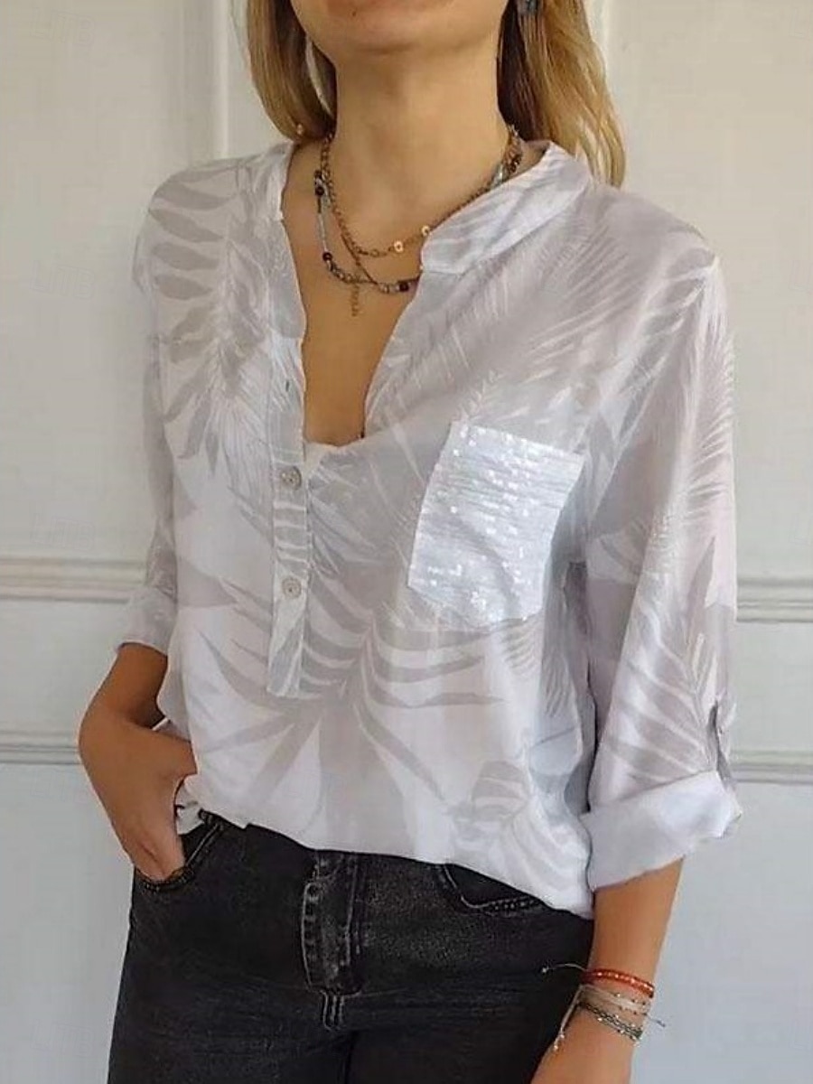 Dame Skjorte Bluse Blad Stilfull Moderne Langermet V-hals Vanlige topper Daglig Ferie Knapper Trykt mønster Hvit Brun Kakifarget Grå Sommer Vår 2025 - $19.49 –P4