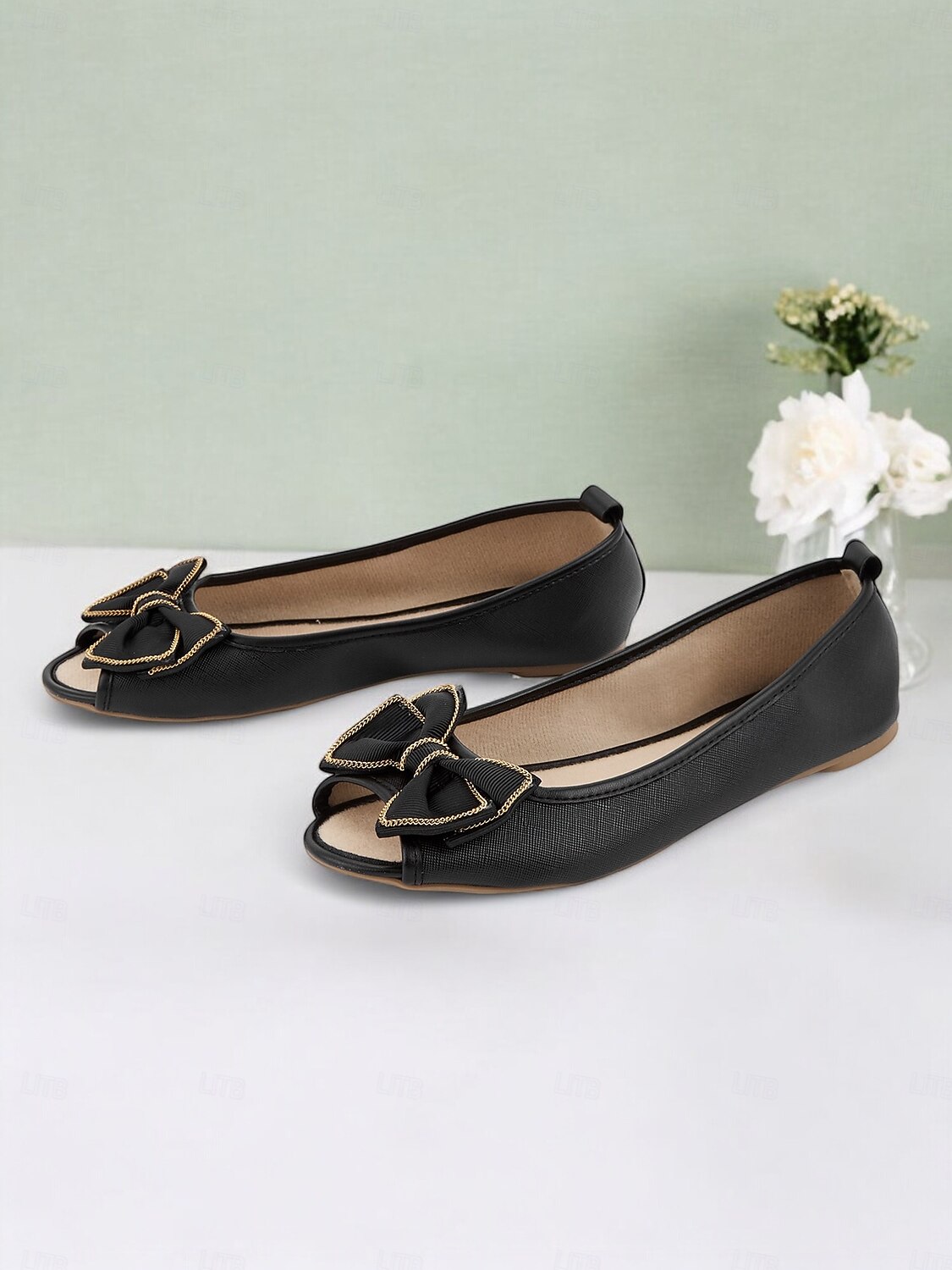 balerini negri matlasați, cu vârf deschis, cu fundă - pantofi șic cu slip-on pentru birou și purtarea de zi cu zi 2025 - $18.99 -P2