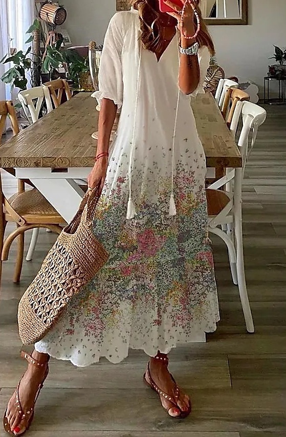Damen kleid lang Weißes Kleid Leinenkleid Boho-Kleid Kleid drucken Romantisch Klassisch elegante kleider Puffärmel Urlaub Täglich Festtage Lockere Passform Graphic Blume Halbe Ärmel V Ausschnitt Weiß 2025 - $24.99 –P1