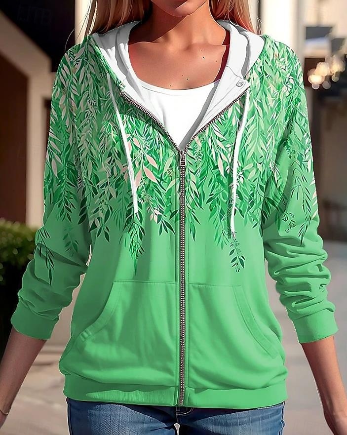 Dámská mikina s kapucí na zip oversized květinová aktivní vintage sportovní dlouhý rukáv s kapucí běžné topy příležitostné prázdninové s šňůrkou přední kapsa modrá fuchsie zelená jaro podzim 2025 - $24.99 –P4